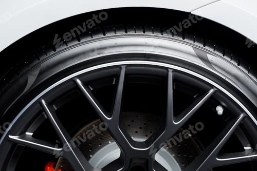 Preview: KYIV, UKRAINE - OCTOBER 7, 2019: close up of black car wheel in white porshe