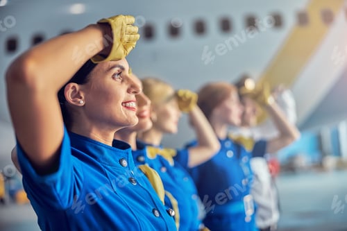 Preview: Charming stewardess looking into the distance in front of passenger aircraft
