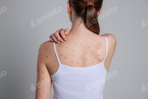 Preview: Woman with rash suffering from monkeypox virus on light grey background, back view