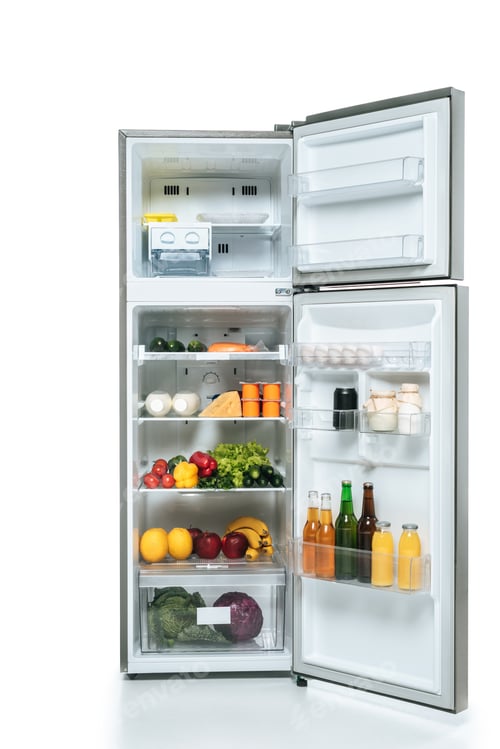 Preview: open fridge and freezer with fresh food on shelves isolated on white