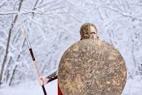 Preview: Spartan warrior in winter forest looks in camera