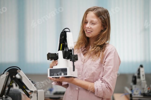 Preview: Children learning AI technology Robot with artificial intelligence system on its in science lesson