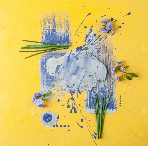 Preview: Flowers bell and shnits onions on a yellow-purple art background