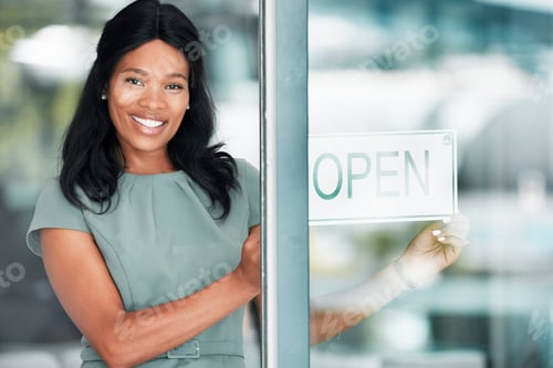 Preview: Open sign, black woman and small business owner of restaurant. Welcome, coffee shop and portrait of