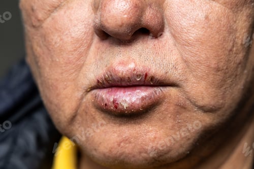 Preview: Closeup of elderly Asian man with dry face and chapped cracked lips with dryness during winter