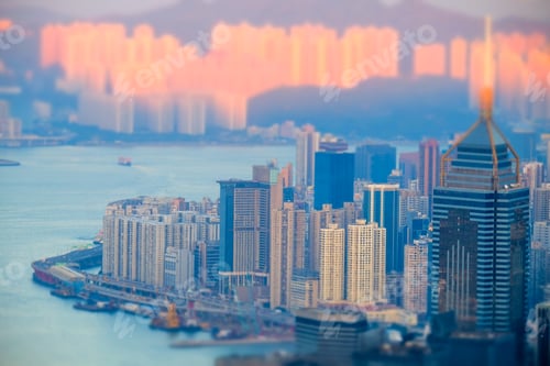 Preview: Hong Kong skyline aerial view at sunset. Tilt shift