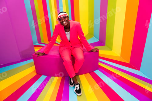 Preview: Beautiful young woman dancing and having fun inside a rainbow box room