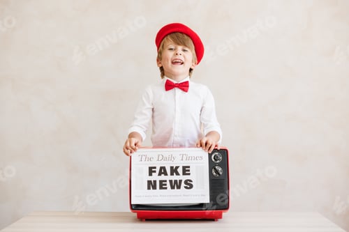 Preview: Newsboy shouting against grunge wall background. Boy selling fake news