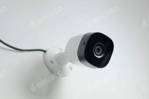 Preview: Close-up of a security camera mounted on a wall in a modern office, ready to be used