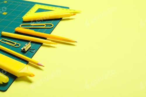 Preview: Patchwork accessories concept on yellow background, mat cutting