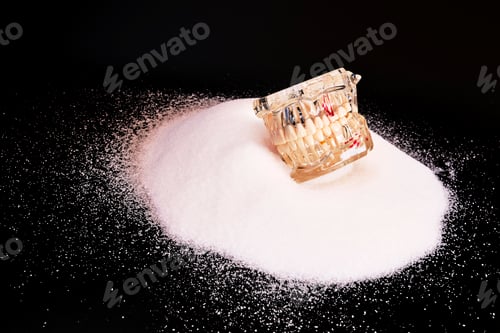 Preview: Heap of white sugar on black background, glucose energy causes tooth decay.