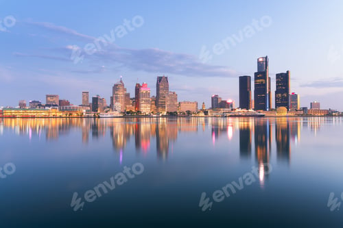 Preview: Detroit, Michigan, USA skyline at dawn on the Detroit River