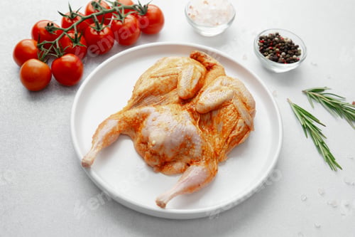 Preview: Raw marinated quail on white plate with tomatoes, salt, pepper and rosemary