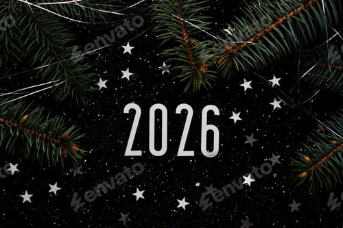 Visualização: Fundo escuro de Ano Novo de 2026. Número do próximo ano na decoração de Natal.