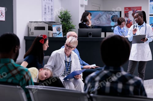 Preview: Senior medical doctor with stethoscope completing form for woman and ill daughter for routine