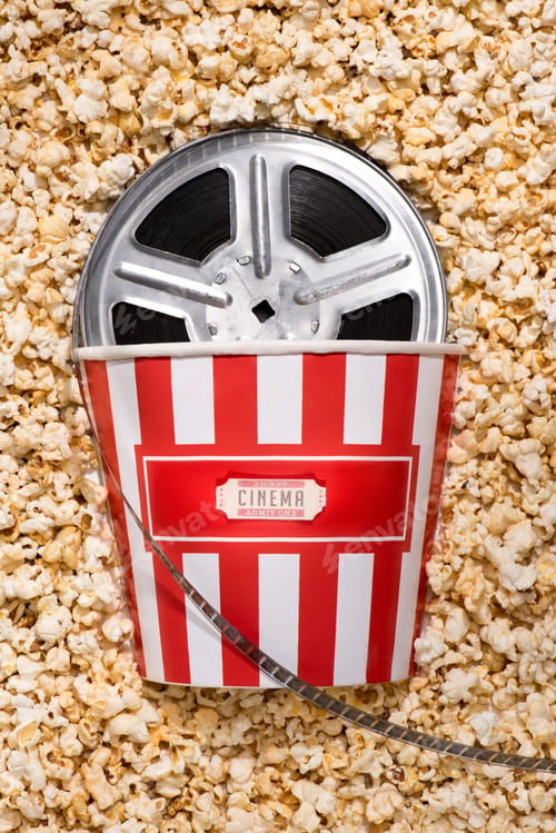 Preview: flat lay with disposable bucket, popcorn, retro cinema ticket and filmstrips