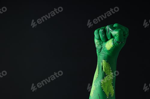 Preview: Green hand clenched into fist on black background, space for text