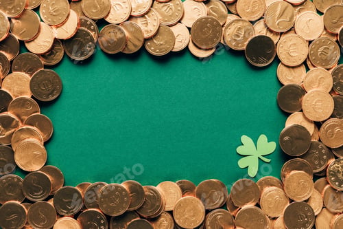 Preview: top view of golden coins and shamrock on green table, st patricks day concept