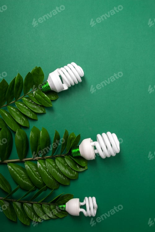 Preview: LED lamp with green leaf, ECO energy concept, close up. Light bulb Saving and Ecological