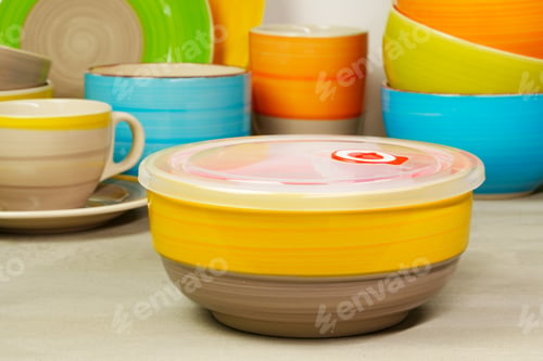 Preview: Set of colored ceramic dishware front view