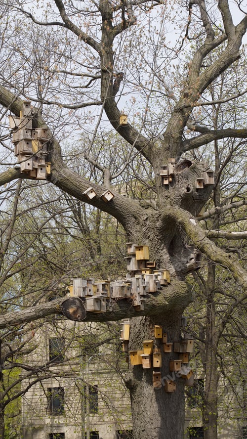 Preview: Tree with birdhouses hanging from branches in a whimsical outdoor setting