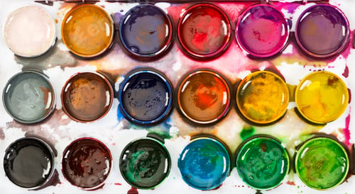 Preview: Used children's honey watercolor paints . Top view.