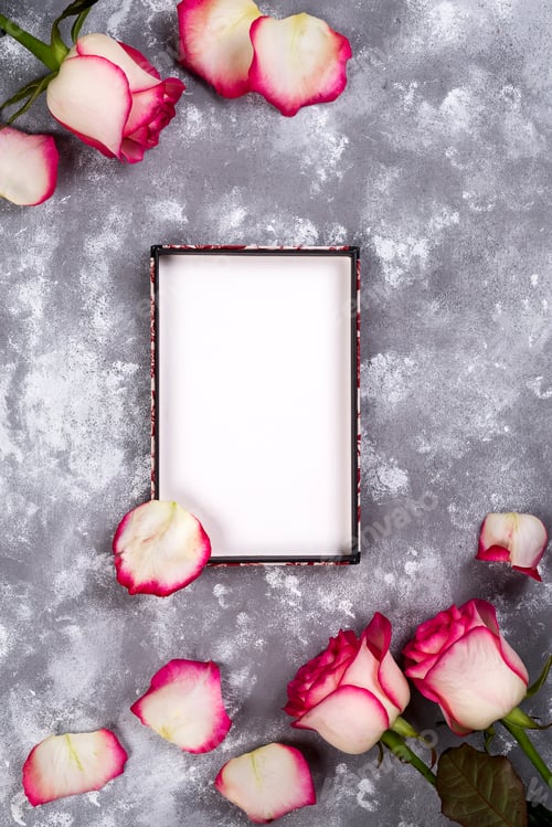 Preview: Floral frame: bouquet of pink white roses on stone background with copy space for text.