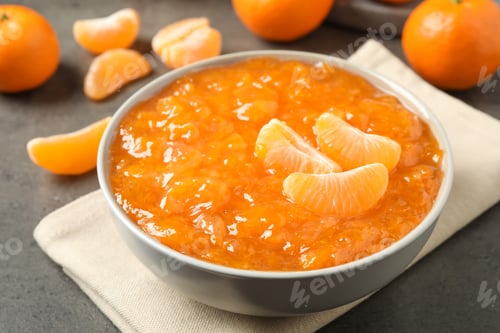 Preview: Tasty tangerine jam in bowl on grey table