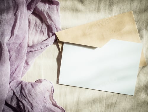 Preview: blank greeting card invitation mockup with craft paper envelope feminine still life composition