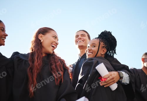 Preview: College graduation, friends and student hug with happiness at graduate ceremony outdoor. Diversity