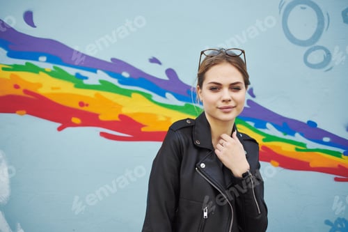 Preview: pretty woman on the street near the colorful wall walking in the city