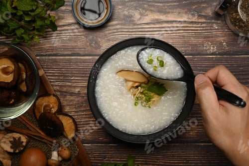 Preview: Testy rice porridge with soft boiled egg, shiitake mushroom, slice ginger and slice scallion.