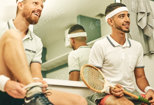 Preview: Two Men in Casual Wear with Tennis Racquet