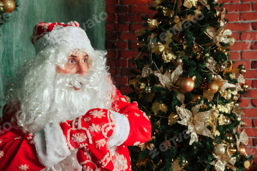 Preview: Portrait of an emotional Santa Claus in decorated living room with Christmas tree
