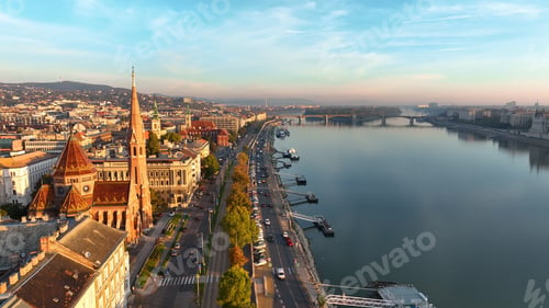Preview: Budapest sunrise skyline, aerial view. Danube river, Buda side, Hungary