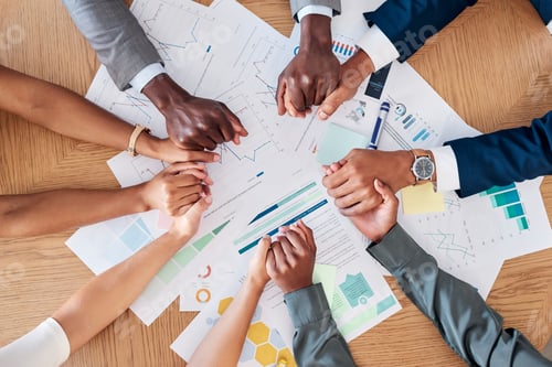 Preview: Business people, analytics and team holding hands above for meeting, planning or unity at the offic