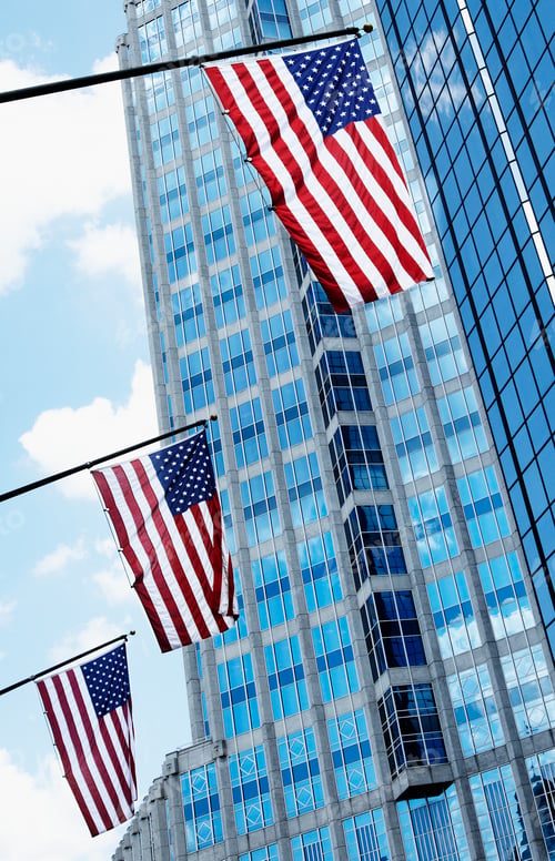 Preview: American Flags Against Office Buildings
