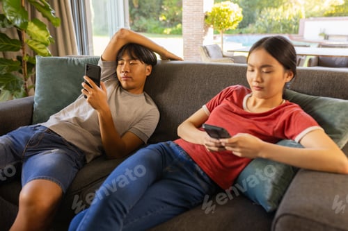 Preview: Relaxing on couch, young asian brother and sister using smartphones in living room