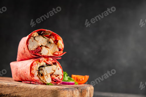 Preview: Shawarma wrap chicken and vegetables pink lavash doner kebab tasty snack fresh food