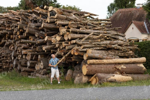 Preview: A man has stacked a huge pile of logs and is finishing work.