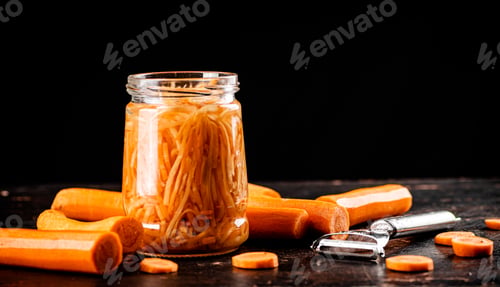 Preview: Canned carrots in a glass jar on the table.