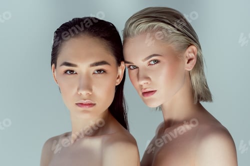 Preview: beautiful nude multiethnic women, isolated on grey