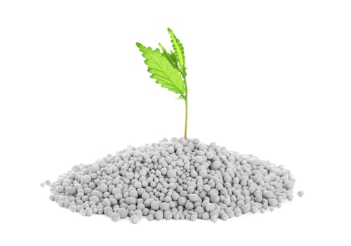 Preview: Pile of chemical fertilizer and green plant isolated on white. Gardening time