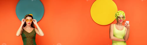Preview: Woman in sunglasses with smartphone and colorful circles behind on orange background, panoramic shot