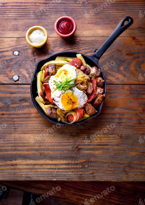 Preview: Chilean chorillana french fries topped with beef sliced, chorrisos, fried onion and eggs