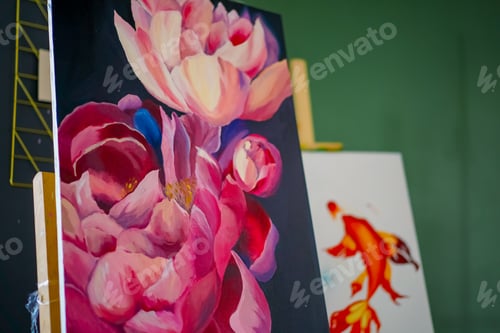 Preview: A close-up of painting standing on an easel in a studio for painting the concept of love of fine art