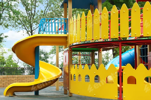Preview: New colorful castle playhouse with slide on children's playground