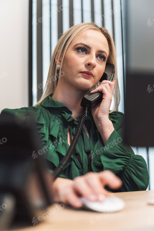 Preview: A focused woman in a green blouse is talking on the phone while working at a desk. She appears engag