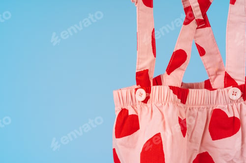 Preview: Baby girl clothes pinned on a clothesline against blue background