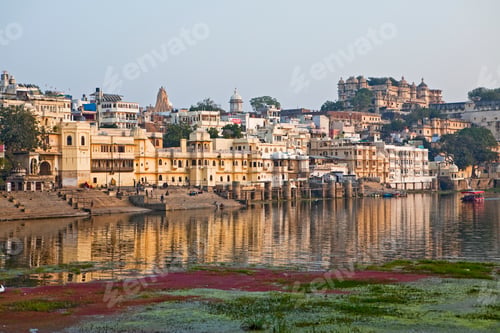 Preview: 45258,Buildings and Bathing Ghat on Lake Pichola
